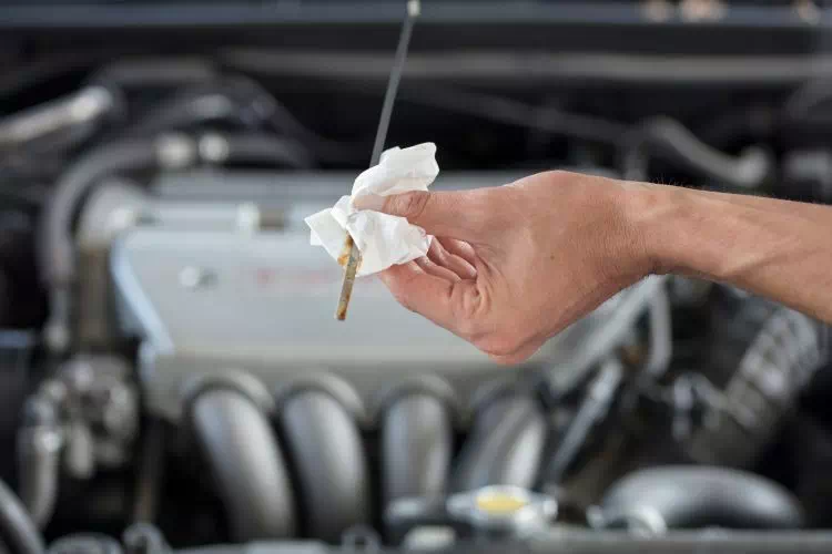 Homme vérifiant le niveau d'huile du moteur